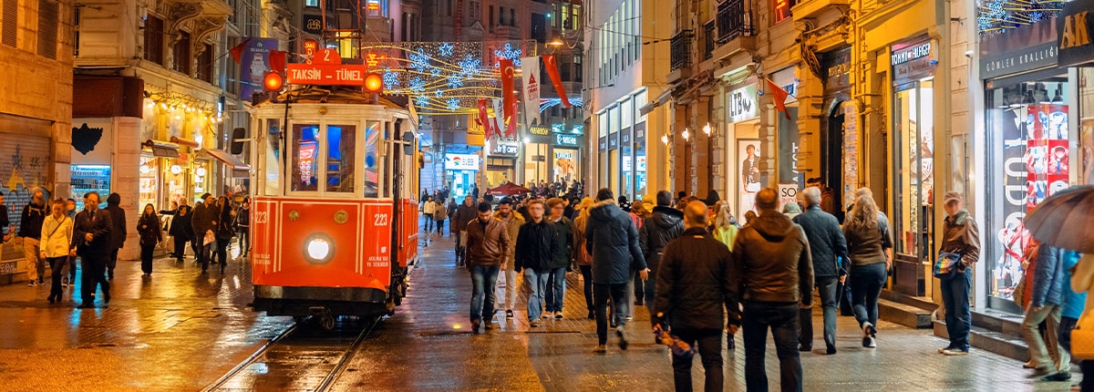 christmas lights are on display in the tramway in istanbul, turkey
