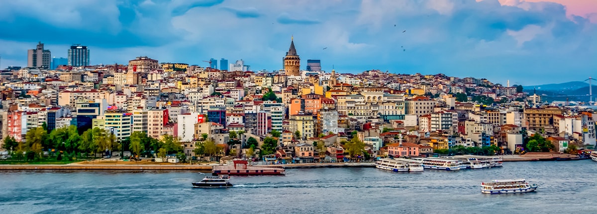 the galata tower, galata bridge, karakoy district and the golden horn located in istanbul, turkey