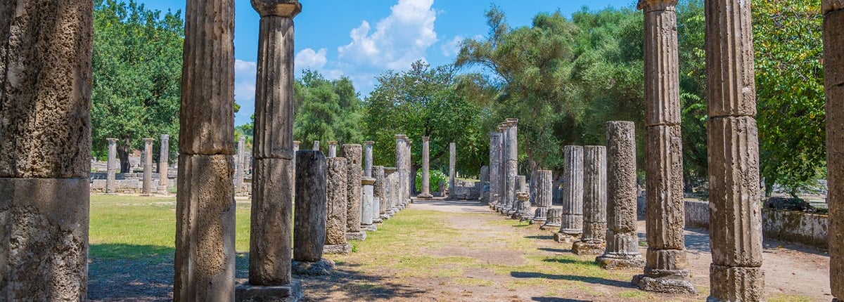 columns of the olypmia ruins in katakolon, greece